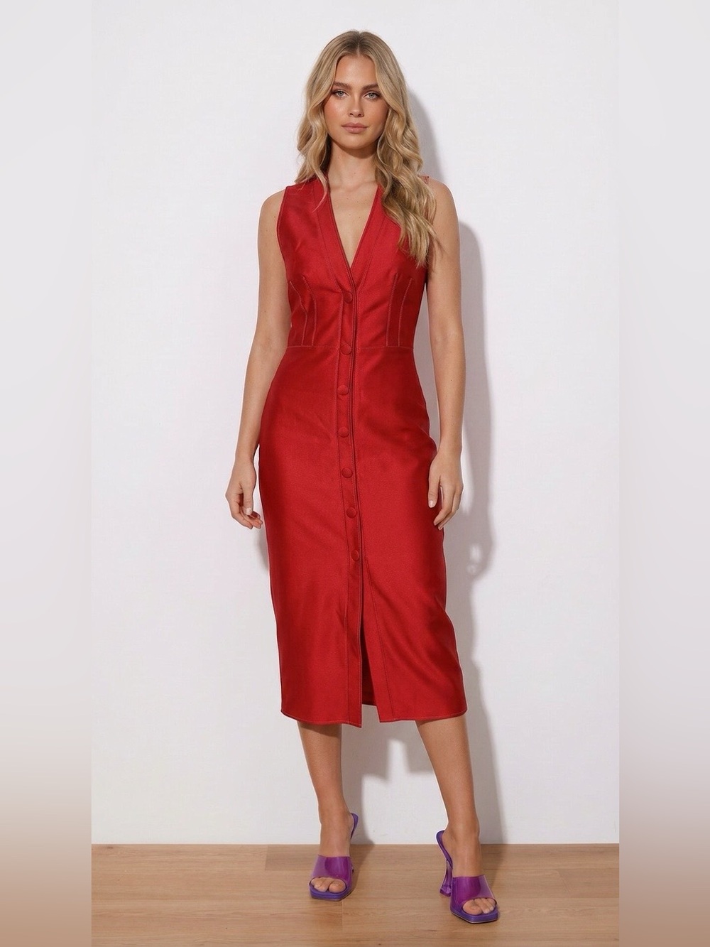 Vintage Sleeveless Red Button-Front Midi Dress